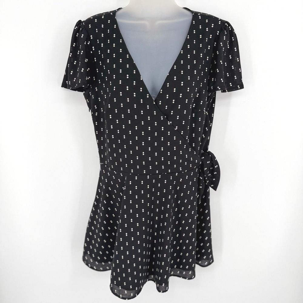 Abercrombie Fitch Wrap Mini Dress Size M Black Polka Dot Flutter Sleeve Preppy